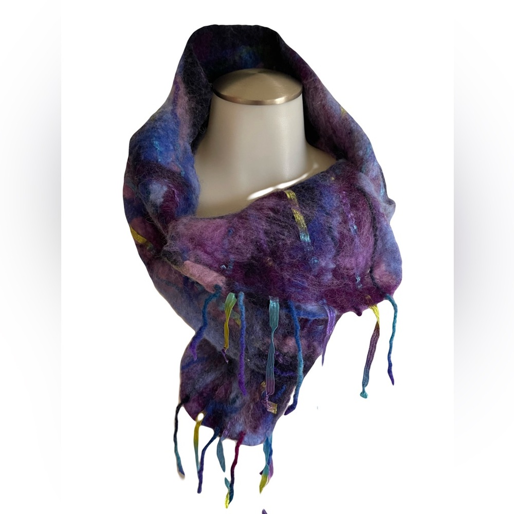 Handcrafted Blue and Purple Multicolor Felted Merino Wool Scarf